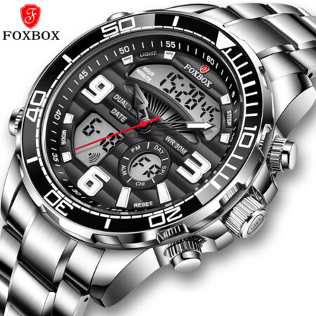 FoxBox Digital Watches for Men Chronograph Watch Sport Waterproof Glass Alloy Stainless Steel